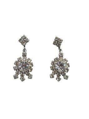 Vintage Rhinestone Snowflake Dangle Clip-On Earrings Silver-Tone Sparkly